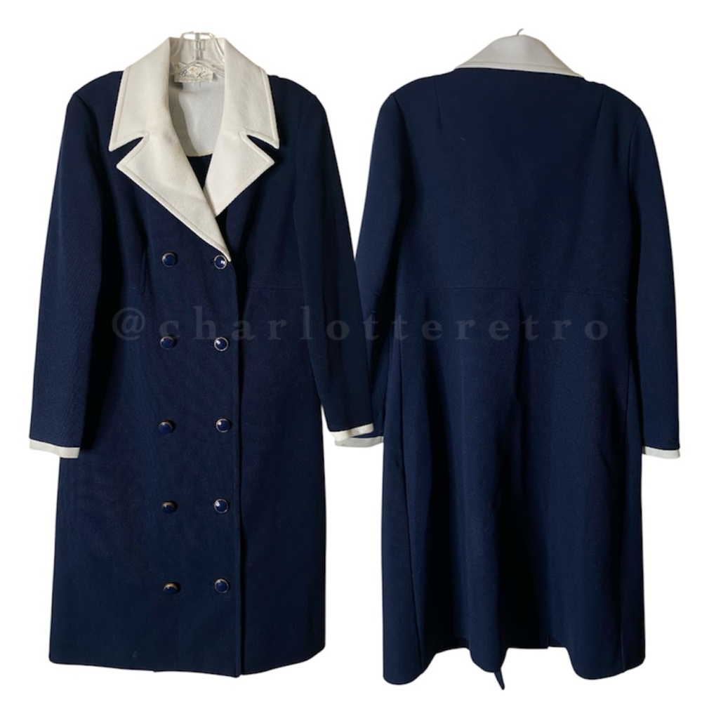 60s vtg BUTTE KNIT Navy Blue Double-Breasted Coat Dress - Picture 3 of 11